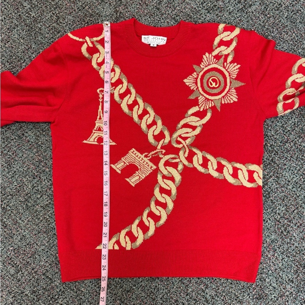 Vintage ST JOHN Collection Red & Gold Paris Charm Bracelet Graphic Sweater-M - Picture 5 of 7